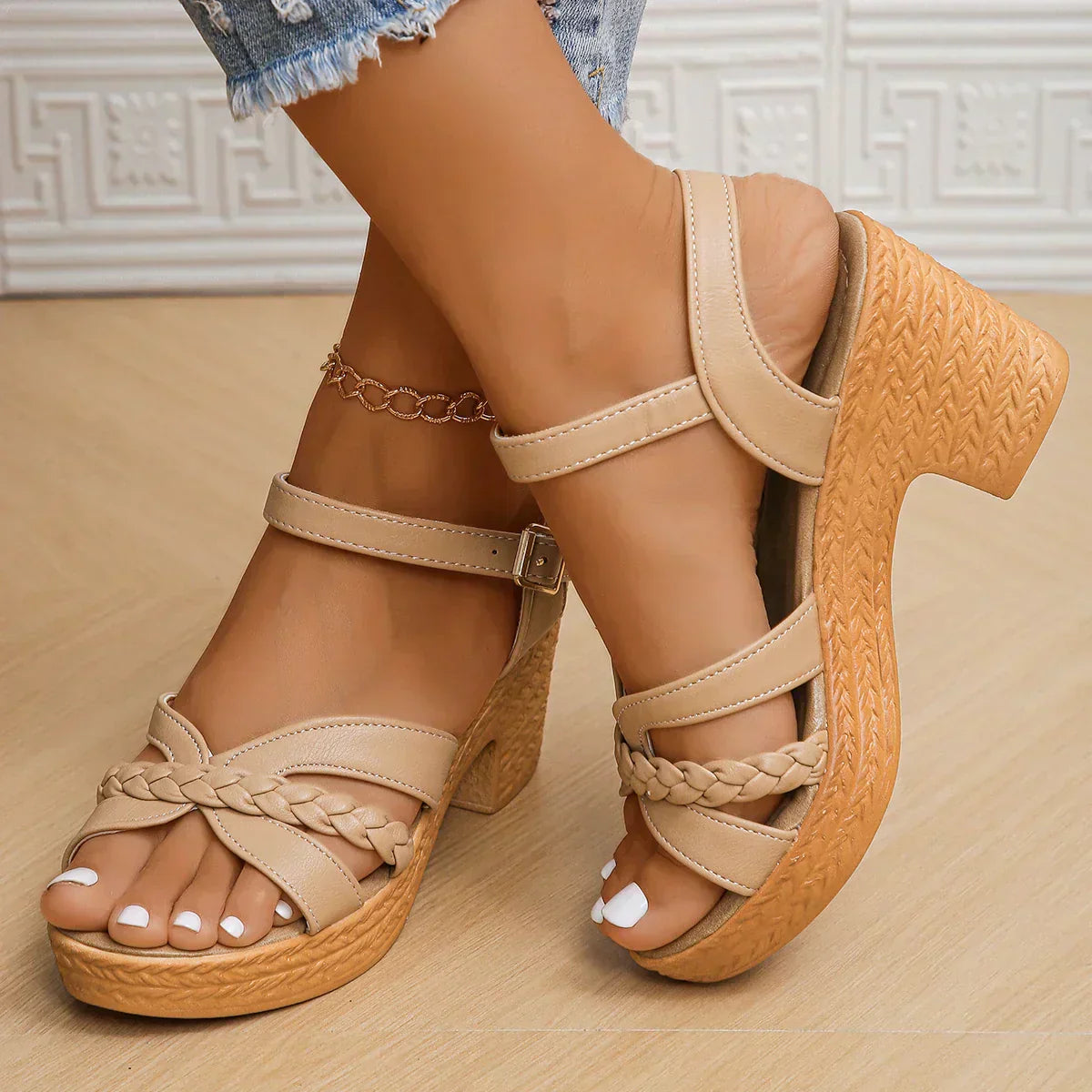 Women's Platform Sandals with Braided Straps and Block Heel