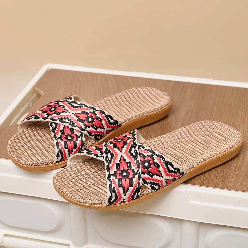 Women's Crisscross Linen Slippers with Flat Sole and Grip