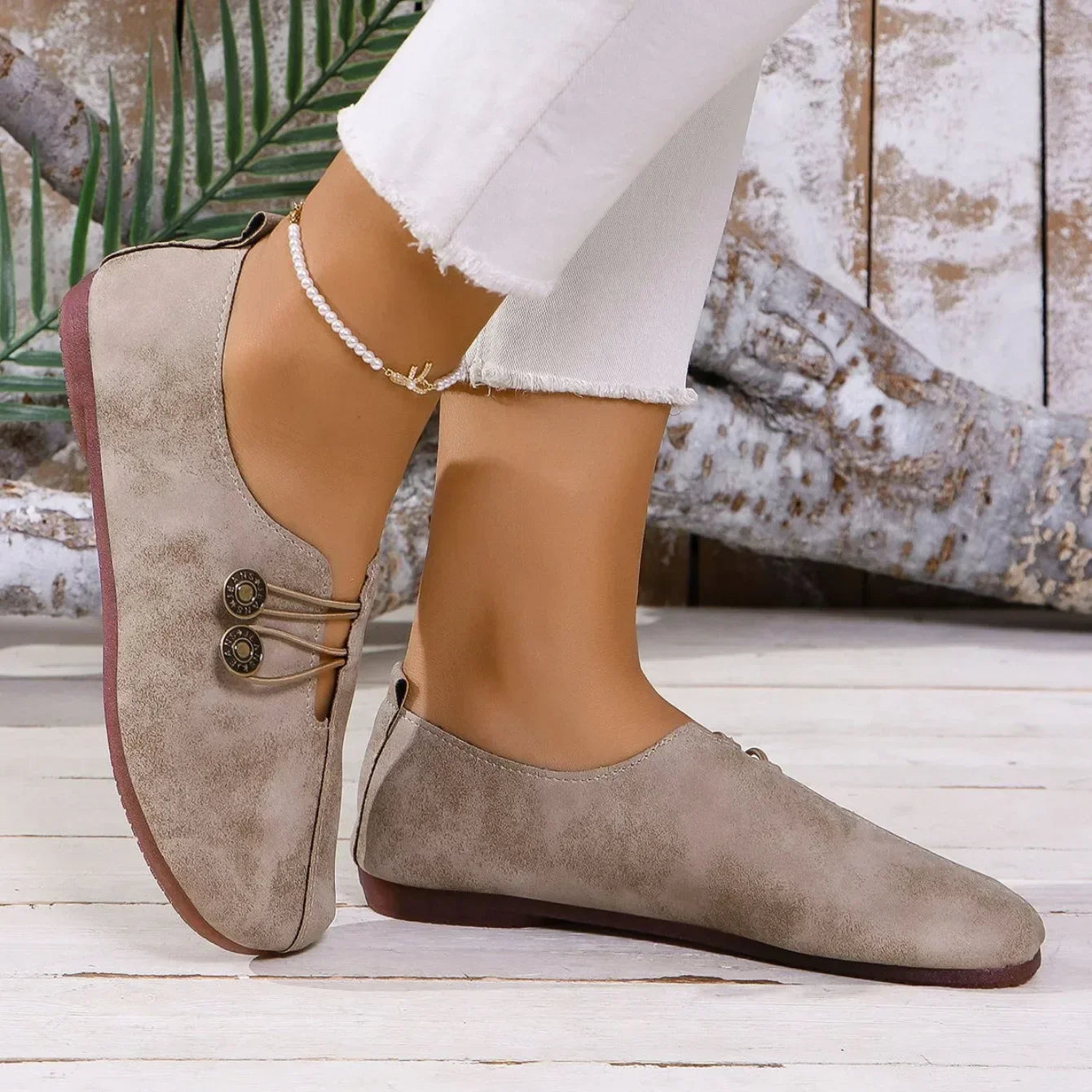 Women's Suede Shoes with Elastic Front and Vintage Button Accents