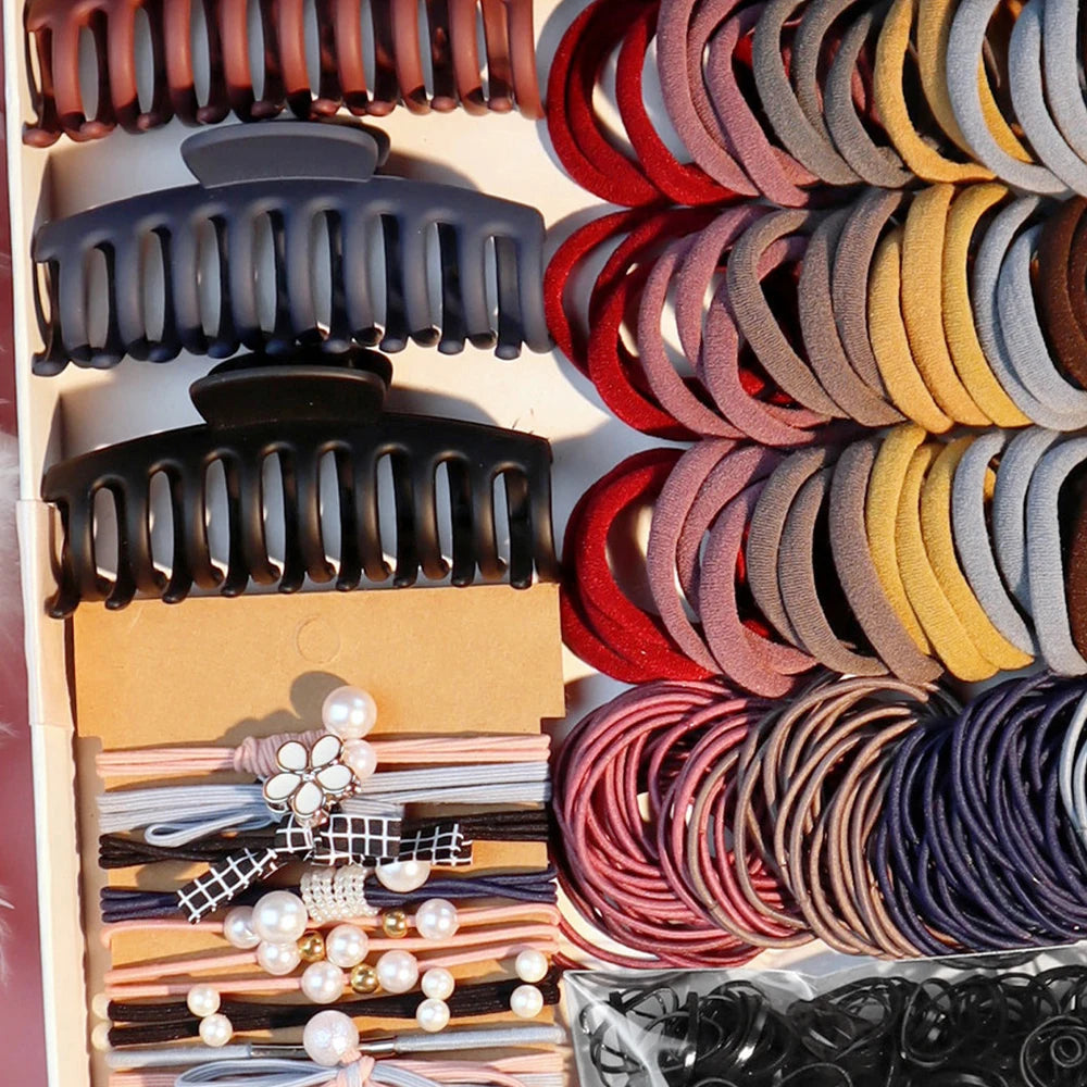 Fashion Hair Accessories Set – Dark Color Hair Claw, Scrunchies & Hair Ties