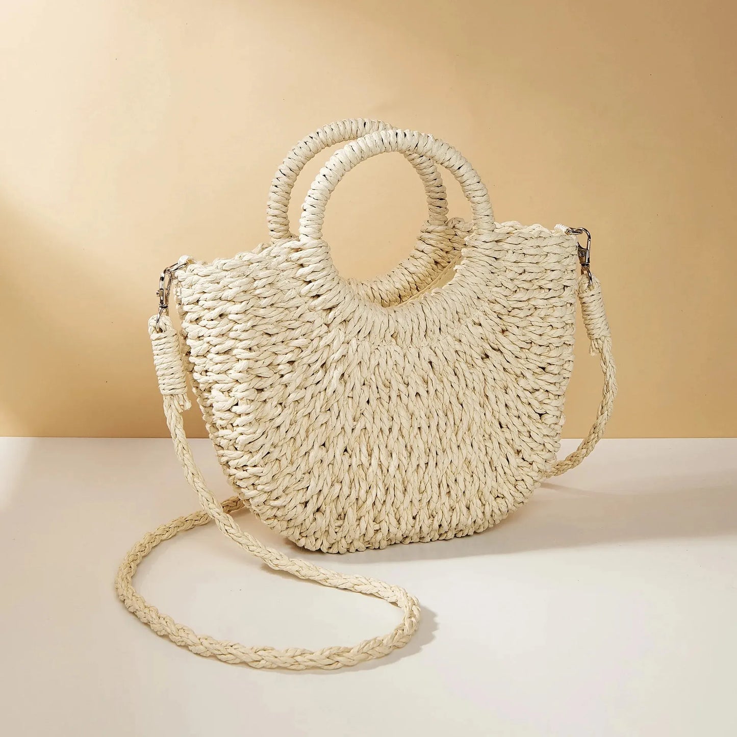 Women's Straw Crossbody Bag with Half-Moon Shape and Top Handles