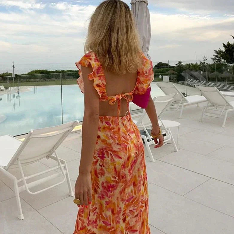 Women's Flowy Maxi Dress with Deep V-Neck and Ruffled Sleeves