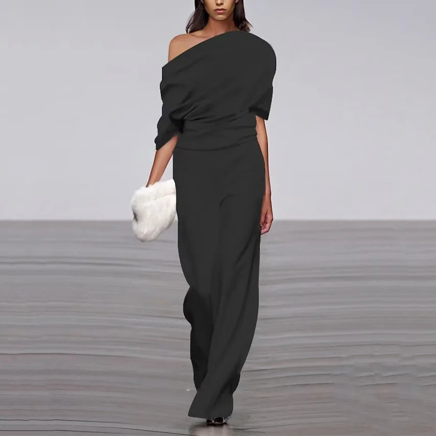 Women’s Off-Shoulder Elegant Jumpsuit with Draped Top and Wide Legs