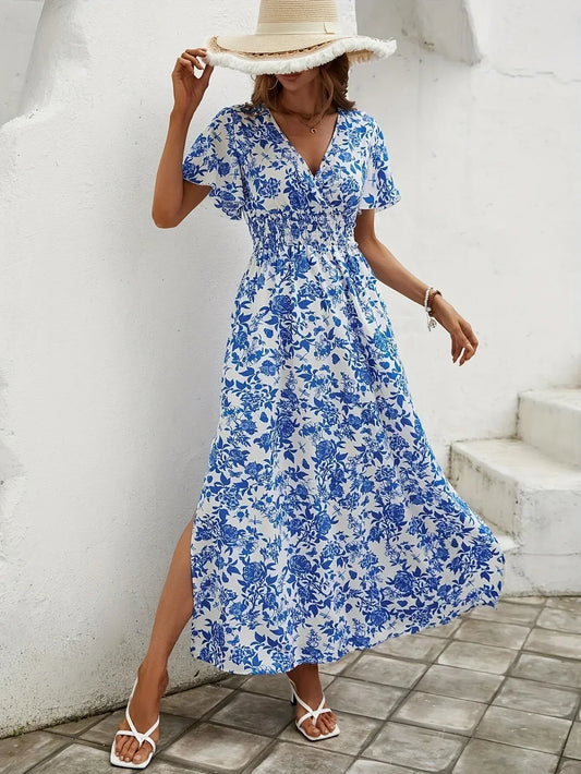 Women's Floral V-Neck Maxi Dress with Slit and Short Flutter Sleeves