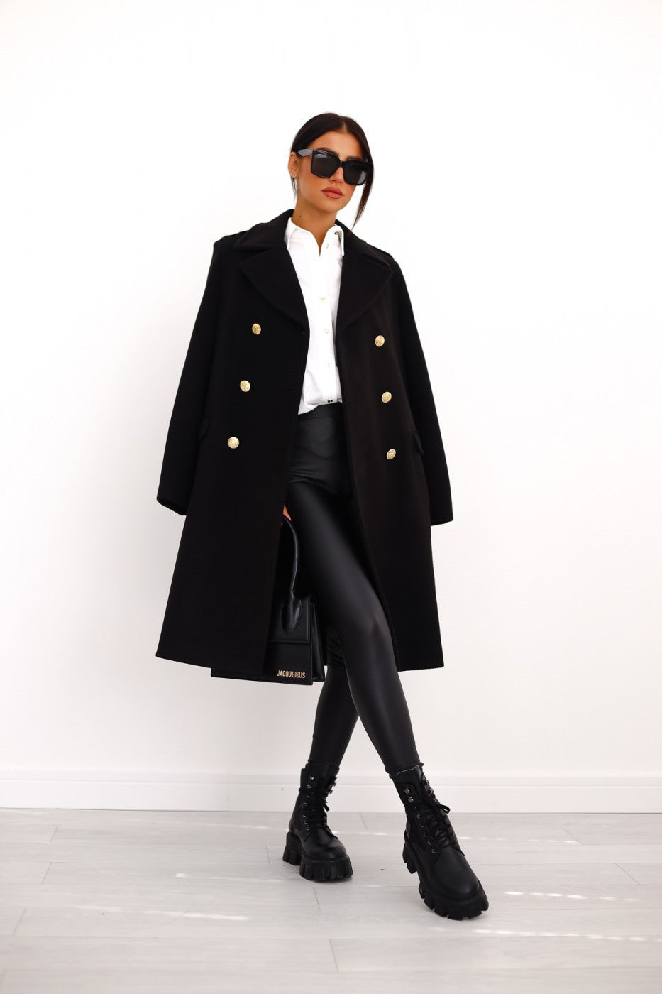 Women's Double-Breasted Long Coat with Gold Button Accents