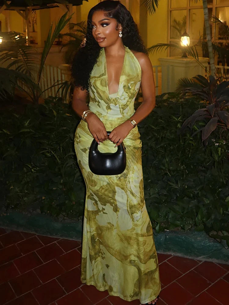 Women's Halter Maxi Dress with Artistic Print and Draped Neckline