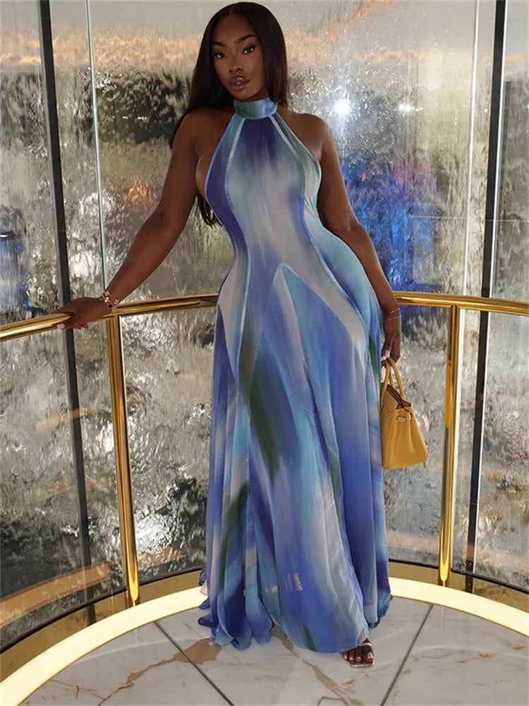 Women's Gradient Halter Maxi Dress with Flowing Silhouette