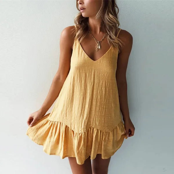 Women's Spaghetti Strap Ruffle Mini Dress with V-Neck Design