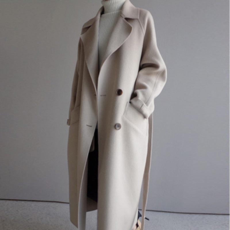 Women's Belted Longline Coat with Oversized Lapels and Pockets