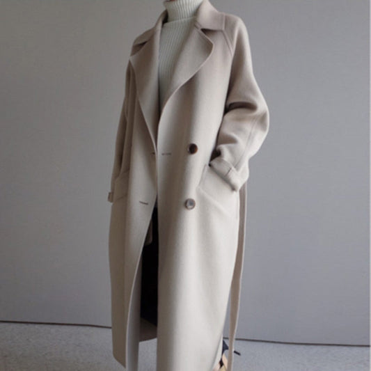Women's Belted Longline Coat with Oversized Lapels and Pockets