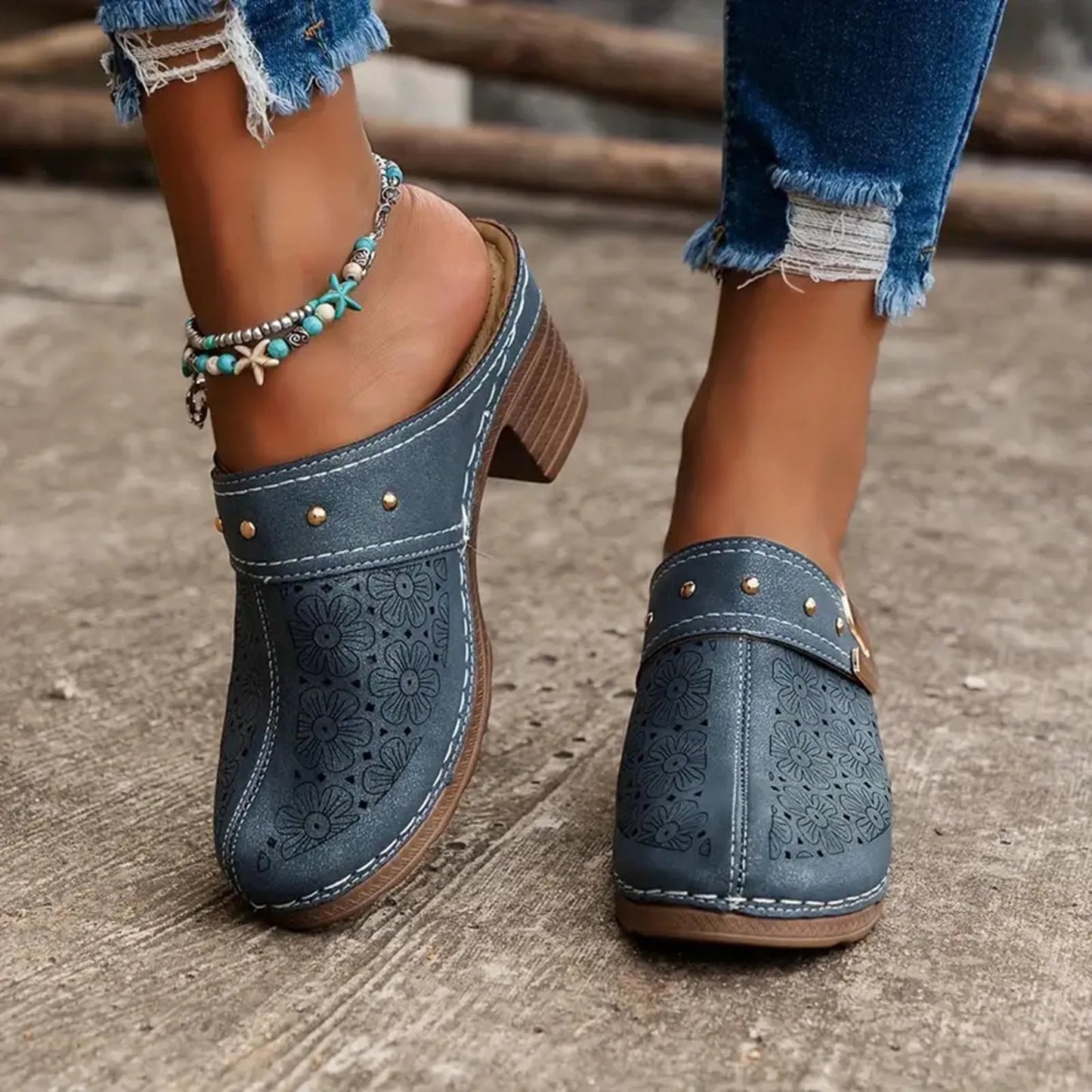 Women's Bohemian Block Heel Mules Sandals with Cut-Out Floral Detail