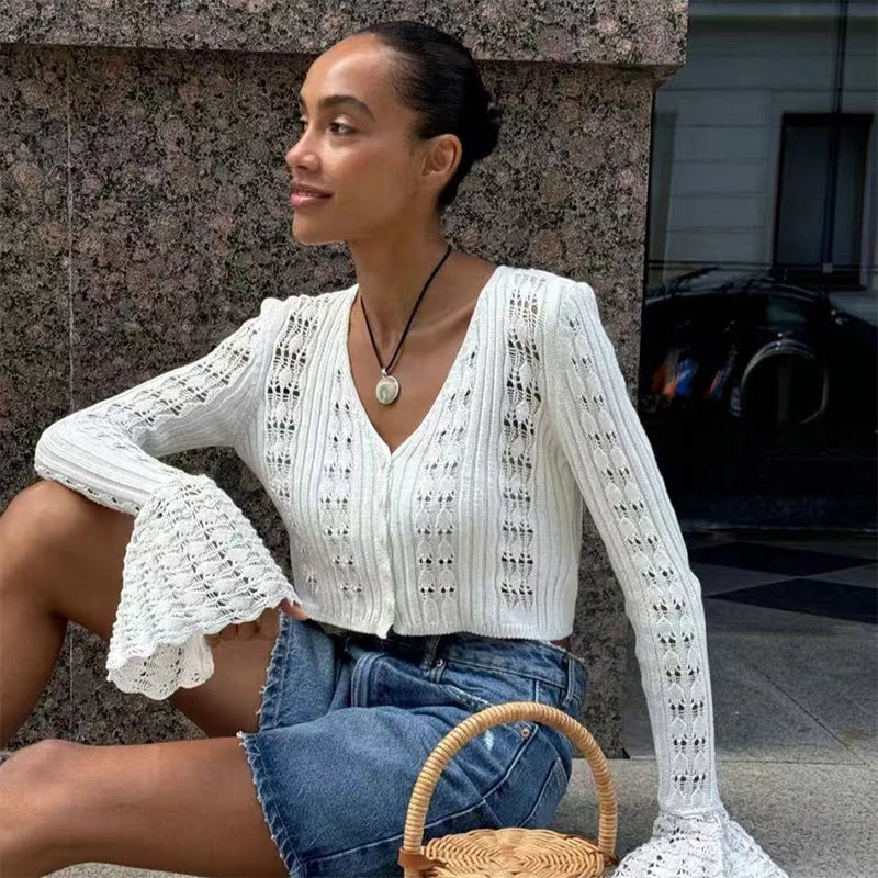 Women's Crochet Knit Long Sleeve Cardigan with V Neck and Button Front