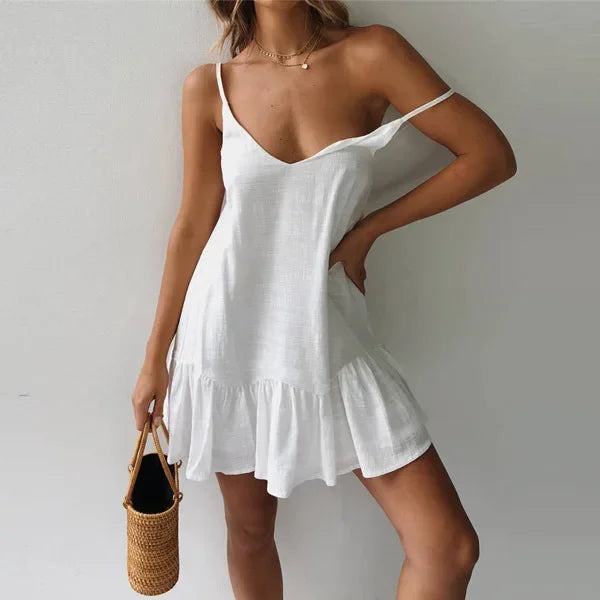 Women's Spaghetti Strap Ruffle Mini Dress with V-Neck Design