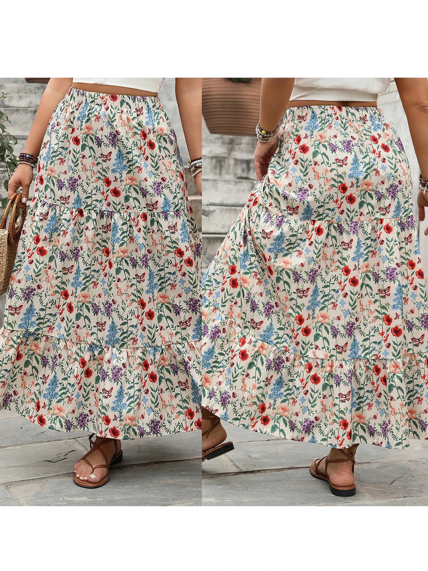 Women's Floral Print Maxi Skirt with Elastic Waist and Tiered Hem