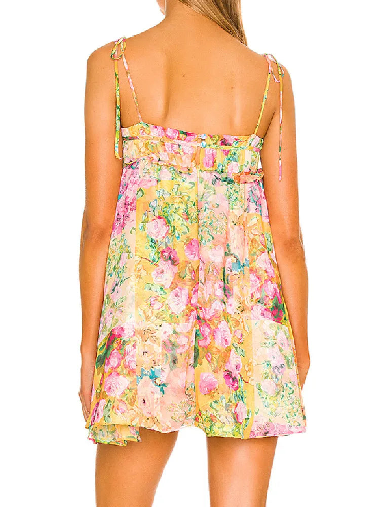 Women's Floral Mini Dress with Spaghetti Straps and Ruffle Detail