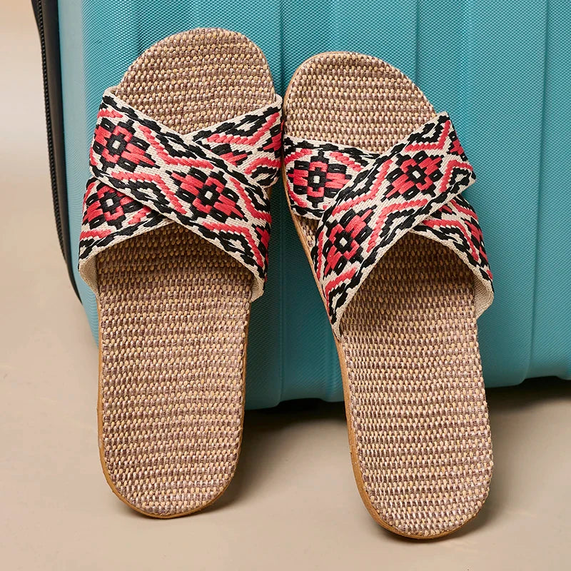 Women's Crisscross Linen Slippers with Flat Sole and Grip
