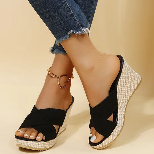Women's Cross-Strap Wedge Sandals with Elegant Detailing