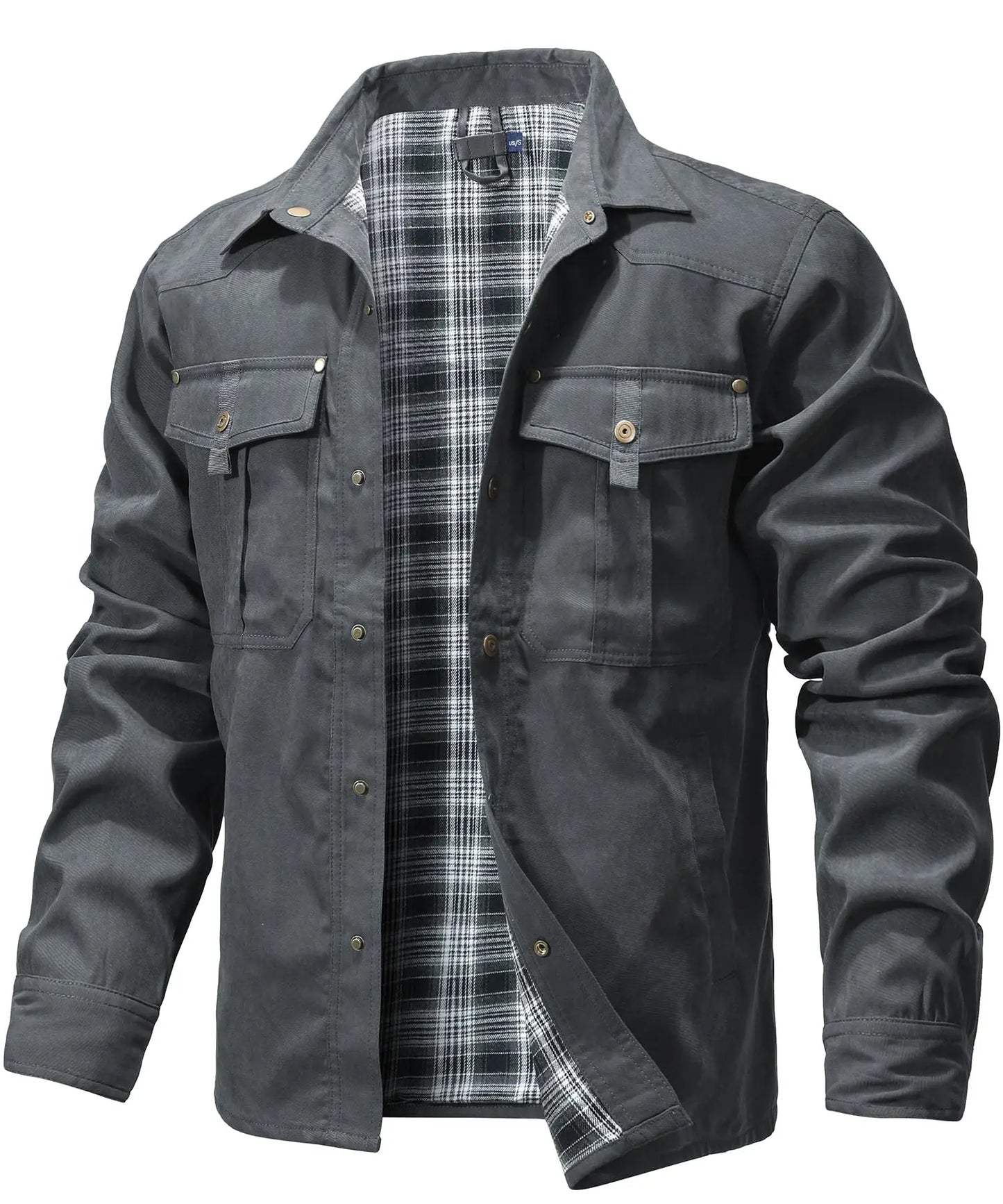 Men’s Western Overshirt Jacket with Plaid Lining and Flap Pockets