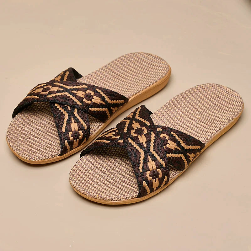 Women's Crisscross Linen Slippers with Flat Sole and Grip