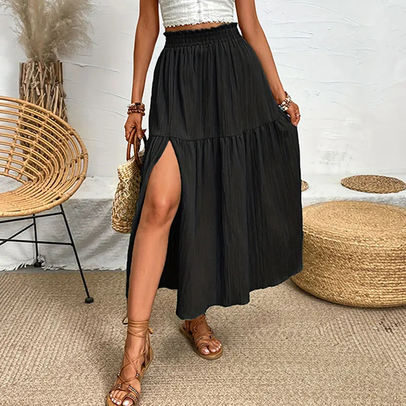 Women's High Waist A-Line Midi Skirt with Side Slit and Ruffle Hem