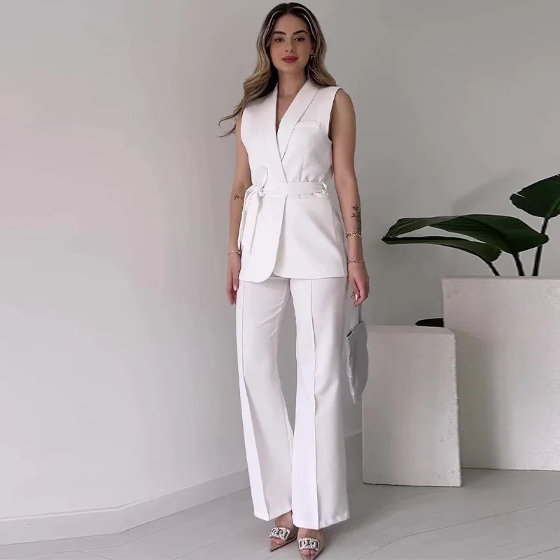 Women’s Sleeveless Two Piece Suit Set with Wrap V-Neck Top and Wide-Leg Trousers