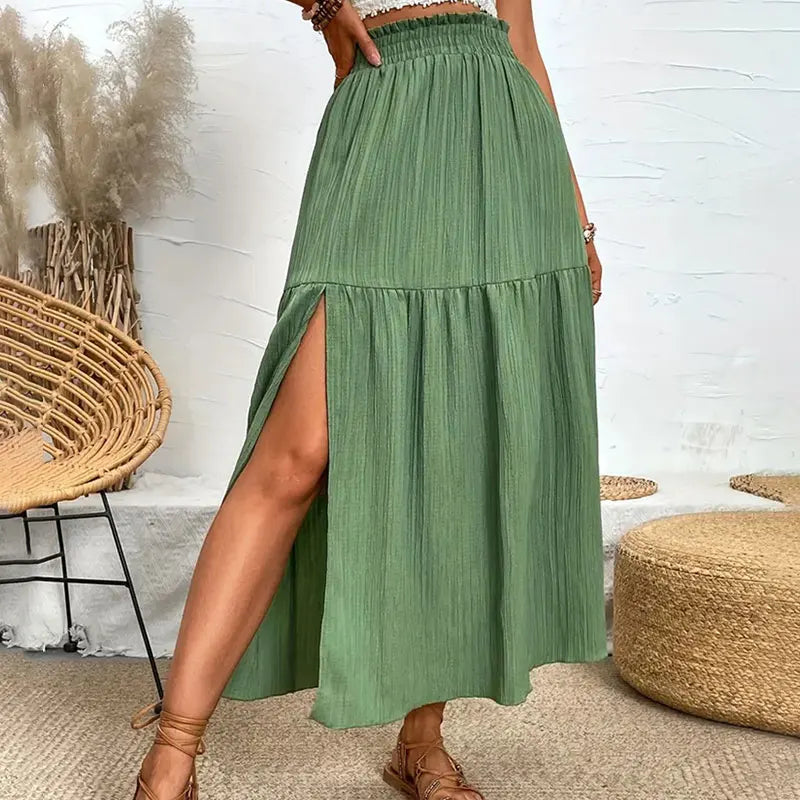Women's High Waist A-Line Midi Skirt with Side Slit and Ruffle Hem