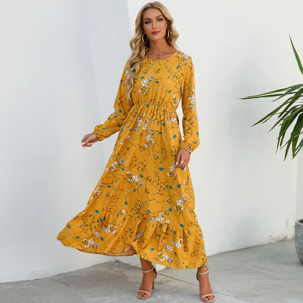 Women's Long Sleeve Maxi Dress with Floral Print and Cinched Waist