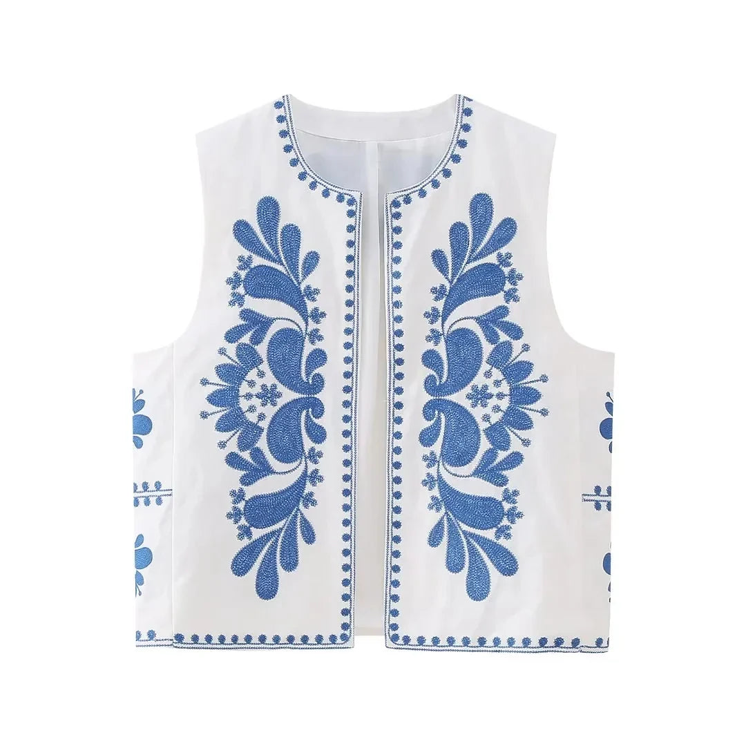 Women's Embroidered Sleeveless Vest with Floral Detailing