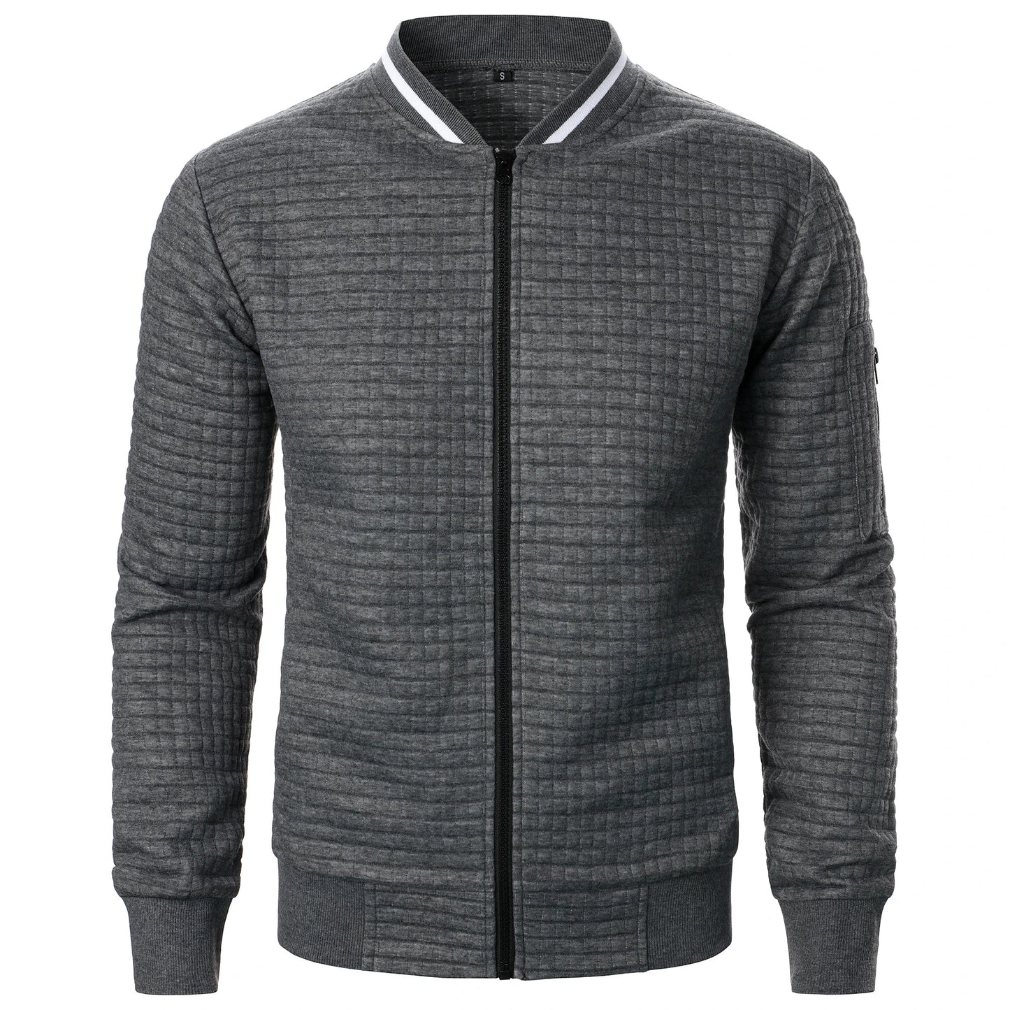 Men's Zip-Up Stand Collar Cardigan Jacket with Quilted Texture