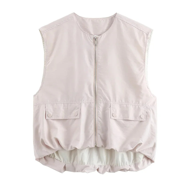 Women's Sleeveless Zip-Up Vest Jacket with Pleated Hem