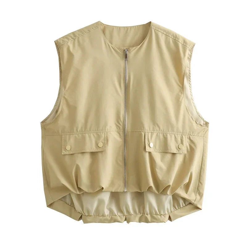 Women's Sleeveless Zip-Up Vest Jacket with Pleated Hem
