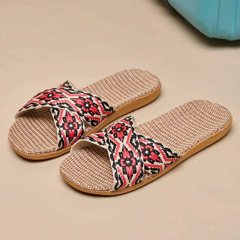 Women's Crisscross Linen Slippers with Flat Sole and Grip