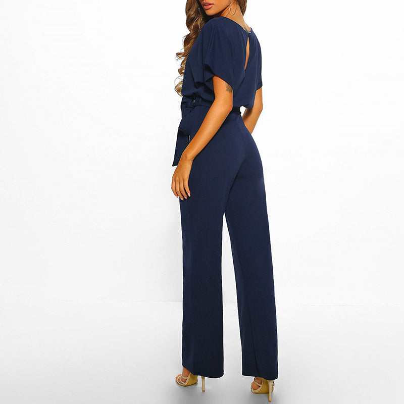 Women's Elegant Belted Jumpsuit with Wide-Leg Pants