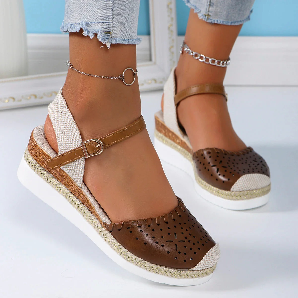 Women's Closed-Toe Espadrilles with Ankle Strap and Wedge Sole