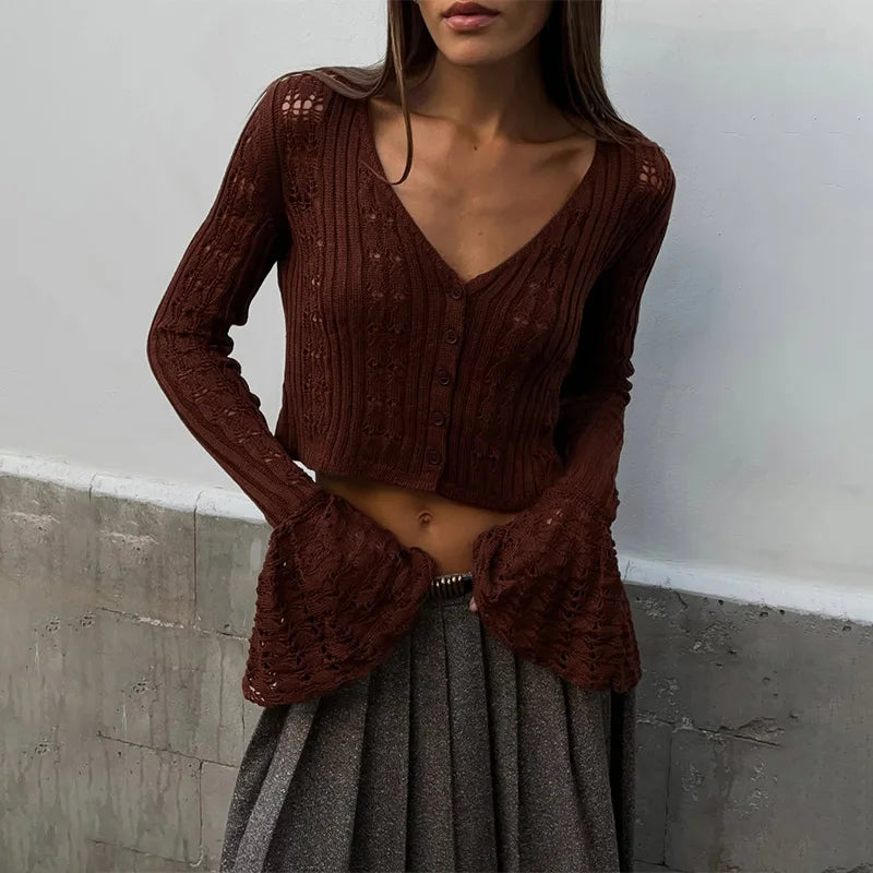 Women's Crochet Knit Long Sleeve Cardigan with V Neck and Button Front