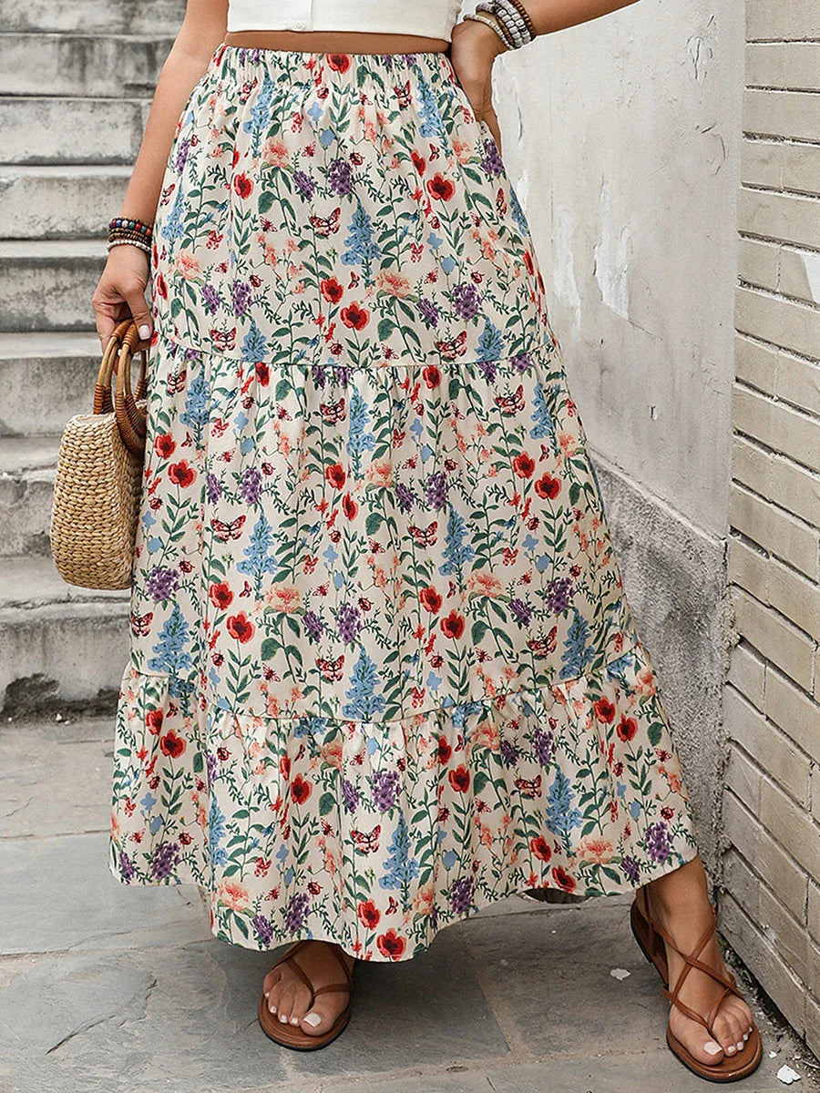 Women's Floral Print Maxi Skirt with Elastic Waist and Tiered Hem