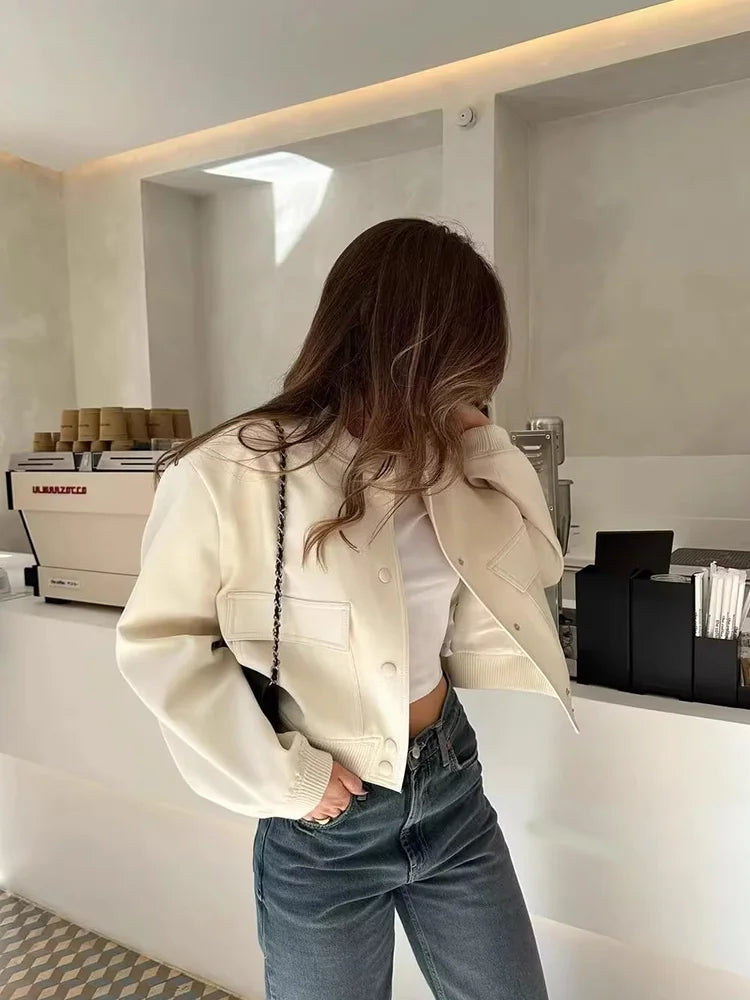 Women's Casual Bomber Jacket with Front Buttons and Flap Pockets