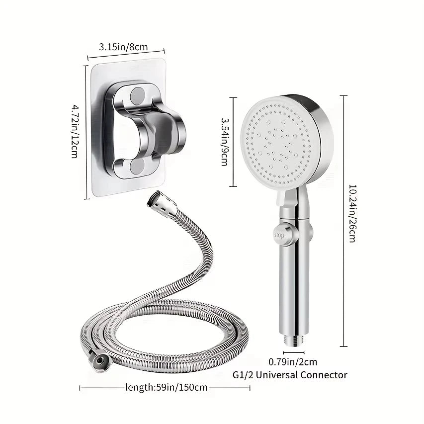 Adjustable Silver High-Pressure Shower Head with Stop Switch, Hose & Holder