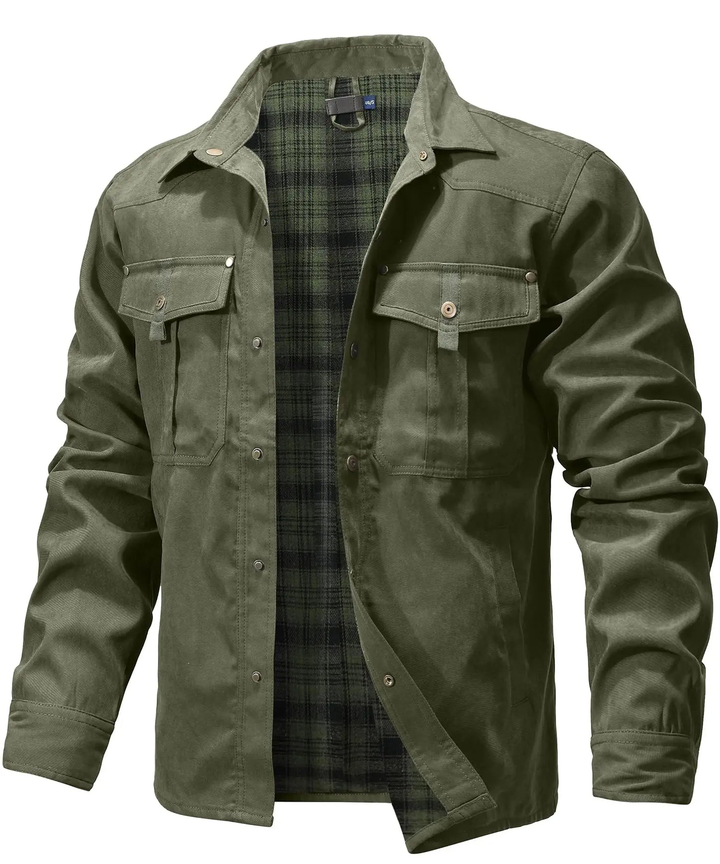 Men’s Western Overshirt Jacket with Plaid Lining and Flap Pockets