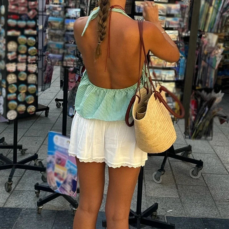 Women's Halter Babydoll Crop Top with Tie Back and Stripes