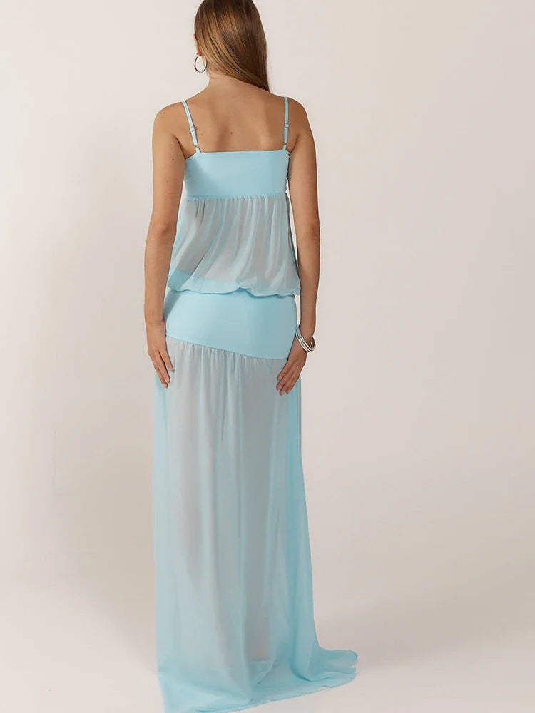Women's Sheer Maxi Dress with Spaghetti Straps and Side Cut-Outs