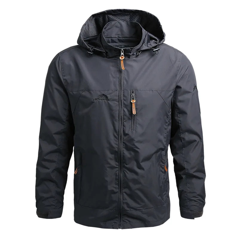 Men’s Waterproof Hooded Windbreaker Jacket with Zip Front Design
