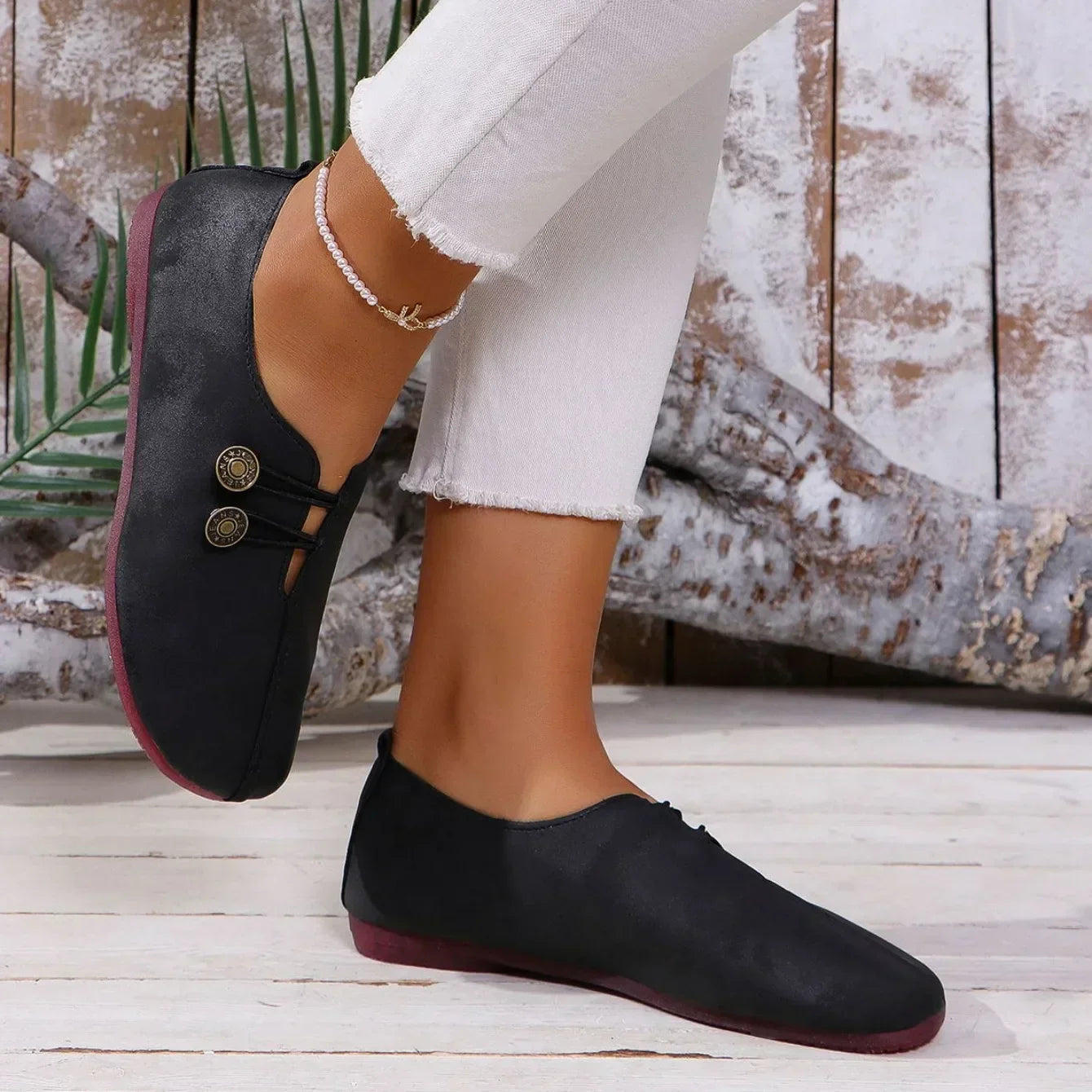 Women's Suede Shoes with Elastic Front and Vintage Button Accents