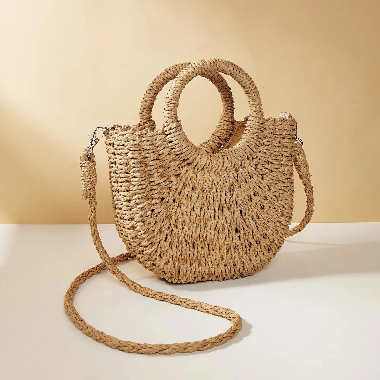 Women's Straw Crossbody Bag with Half-Moon Shape and Top Handles
