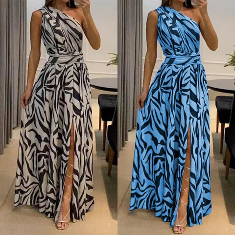 Women's One-Shoulder Zebra Print Maxi Dress with Waist Belt