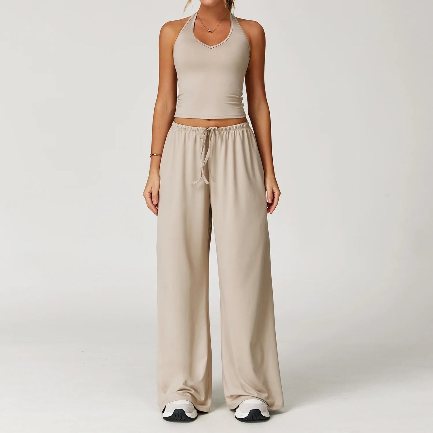 Women’s Two-Piece Lounge Set with Racerback Crop Top and Wide-Leg Pants