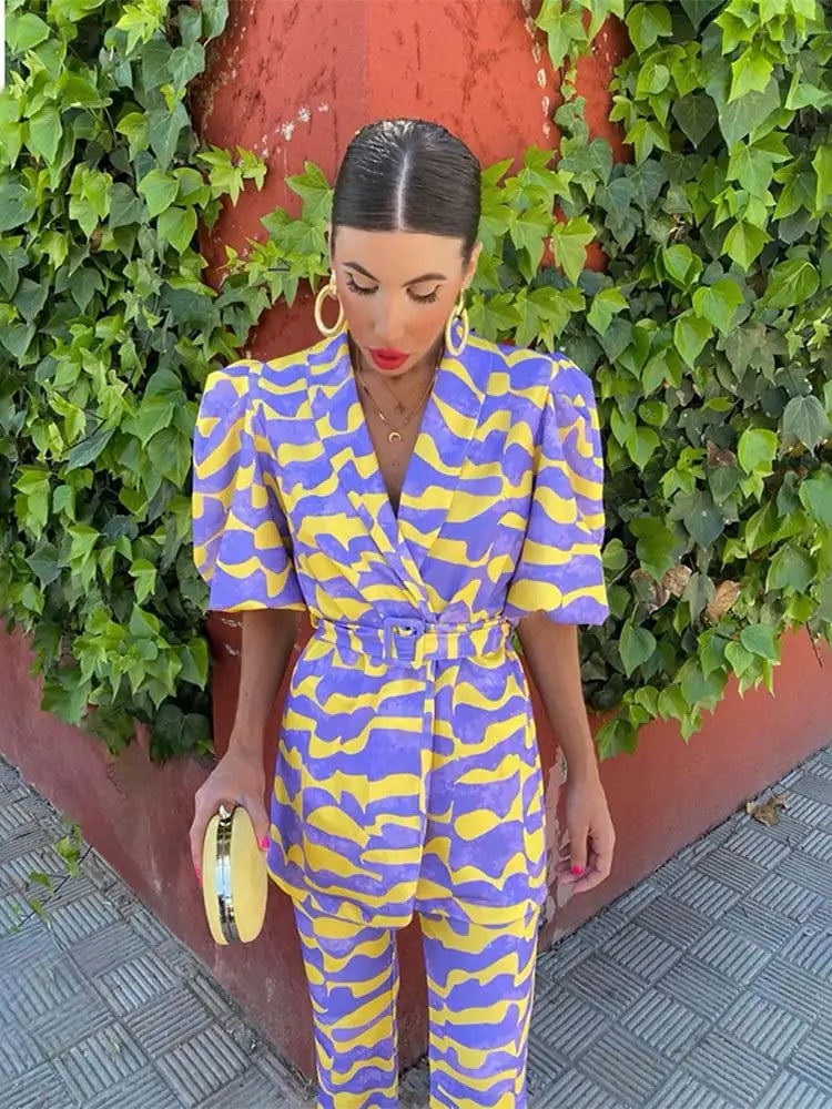 Women's Two-Piece Set with Belted Blazer and Wide-Leg Trousers