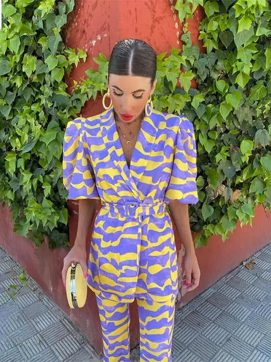 Women's Two-Piece Set with Belted Blazer and Wide-Leg Trousers