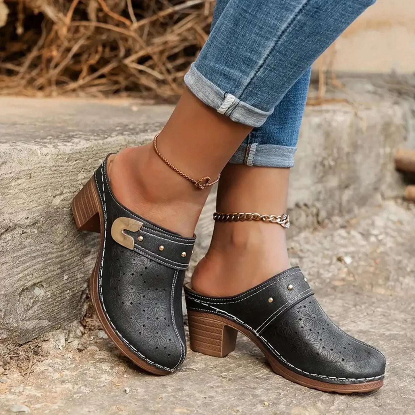 Women's Bohemian Block Heel Mules Sandals with Cut-Out Floral Detail