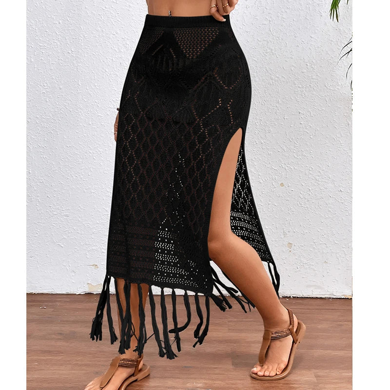 Women's Knitted High-Slit Skirt with Tassels Bikini Cover Up